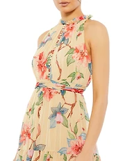 Mac Duggal Ruffle Halter Neck Floral Print Chiffon Sleeveless A-Line Dress