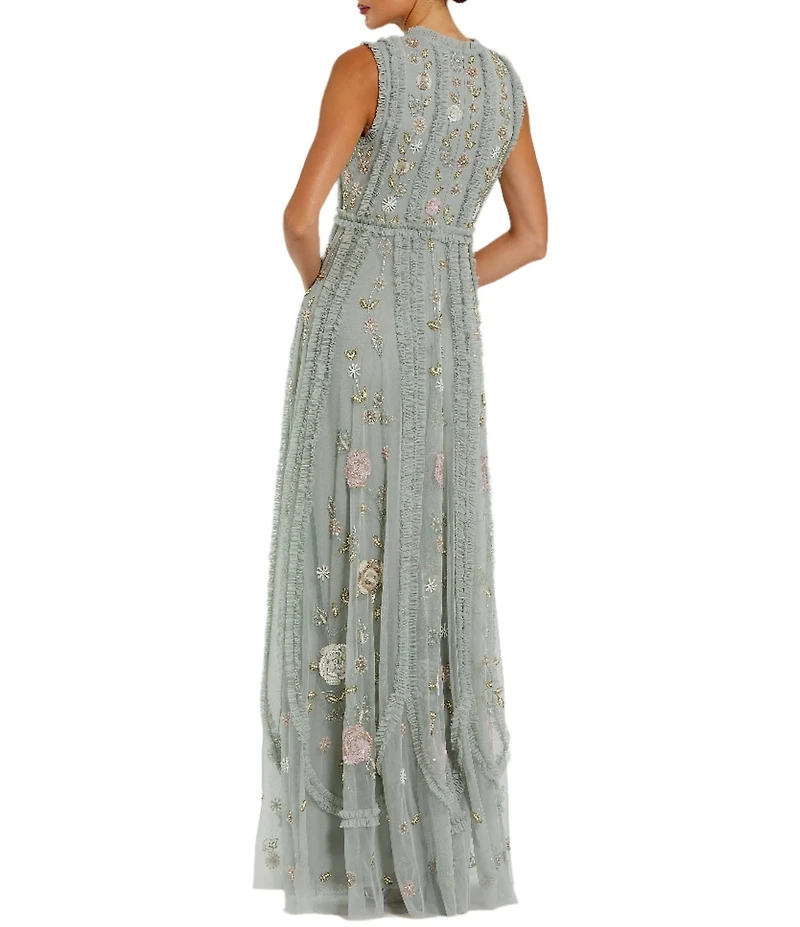 Mac Duggal Ruffle Mock Neck Floral Embroidered Micro Ruffle A-Line Gown