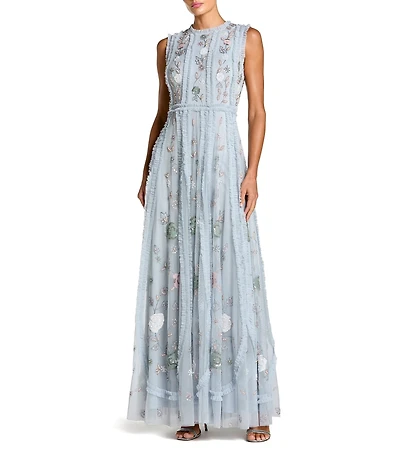 Mac Duggal Ruffle Mock Neck Floral Embroidered Micro Ruffle A-Line Gown