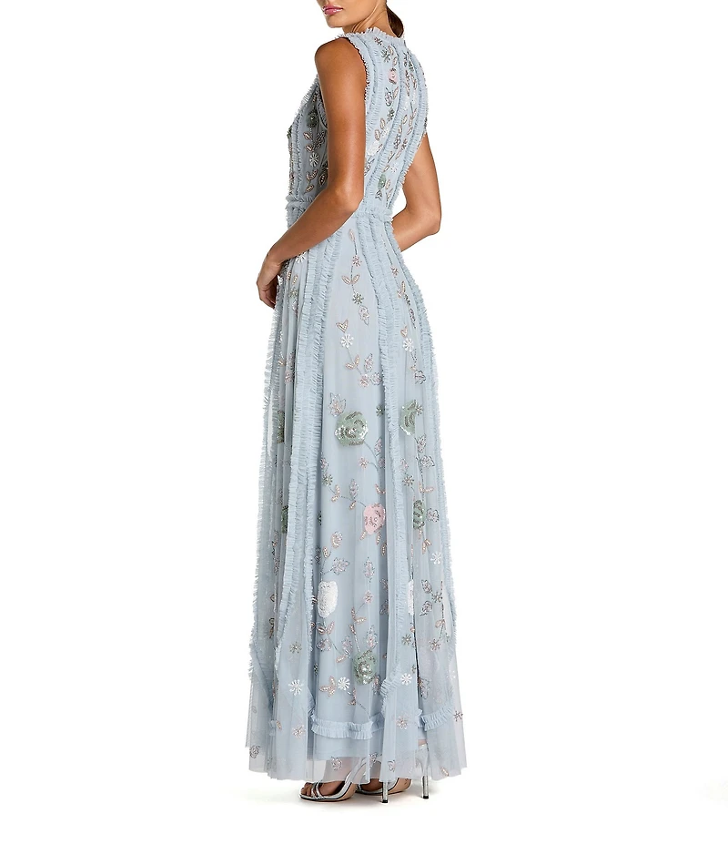 Mac Duggal Ruffle Mock Neck Floral Embroidered Micro Ruffle A-Line Gown