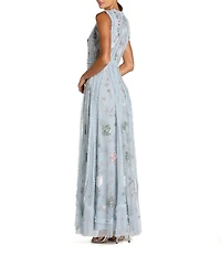 Mac Duggal Ruffle Mock Neck Floral Embroidered Micro Ruffle A-Line Gown