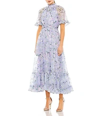Mac Duggal Ruffle Mock Neck Short Flutter Sleeves Floral Printed Chiffon Flounce Hem A-Line Midi Dress