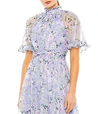 Mac Duggal Ruffle Mock Neck Short Flutter Sleeves Floral Printed Chiffon Flounce Hem A-Line Midi Dress