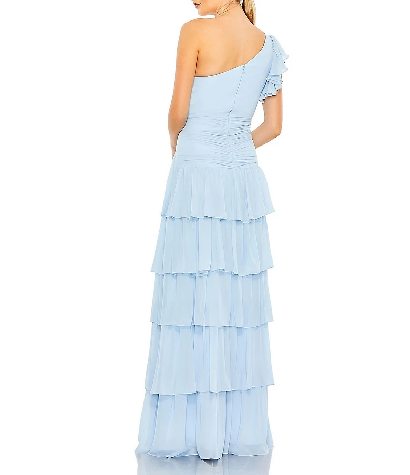 Mac Duggal Ruffle One Shoulder Ruched Waist Sleeveless Tiered Gown