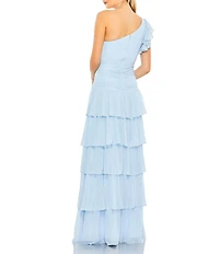 Mac Duggal Ruffle One Shoulder Ruched Waist Sleeveless Tiered Gown