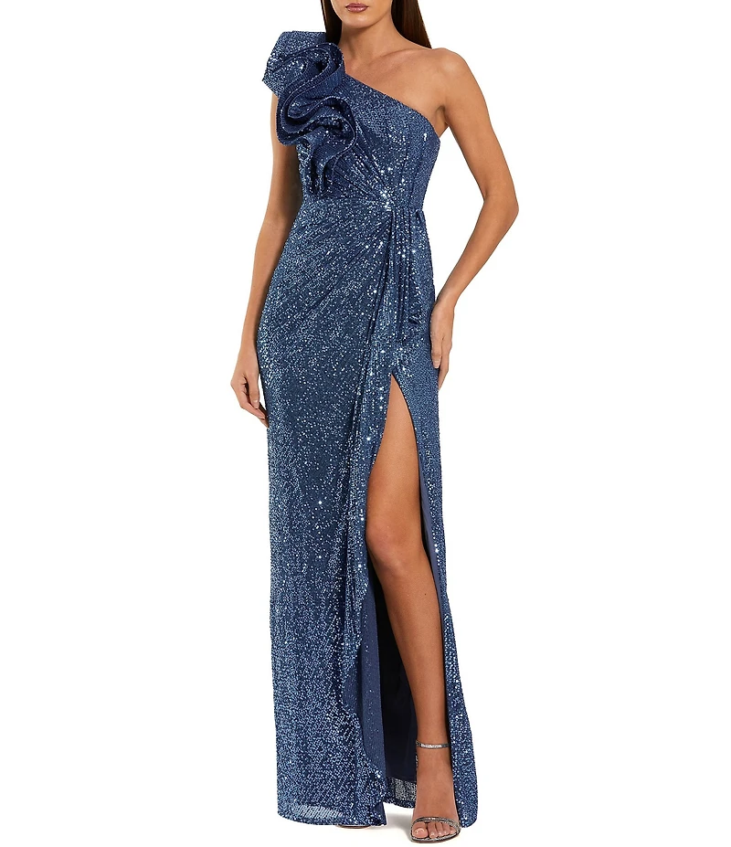 Mac Duggal Ruffle One Shoulder Sequin High Slit A-Line Gown