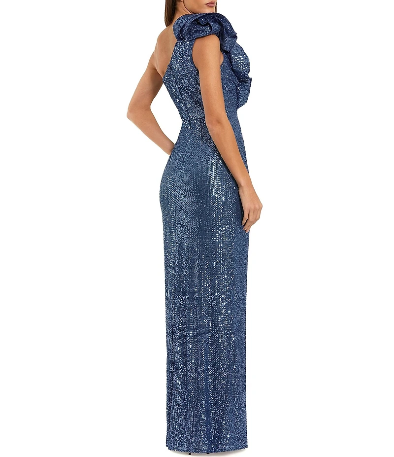 Mac Duggal Ruffle One Shoulder Sequin High Slit A-Line Gown