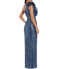 Mac Duggal Ruffle One Shoulder Sequin High Slit A-Line Gown