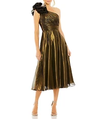 Mac Duggal Ruffle One Shoulder Shimmer Organza Midi Dress