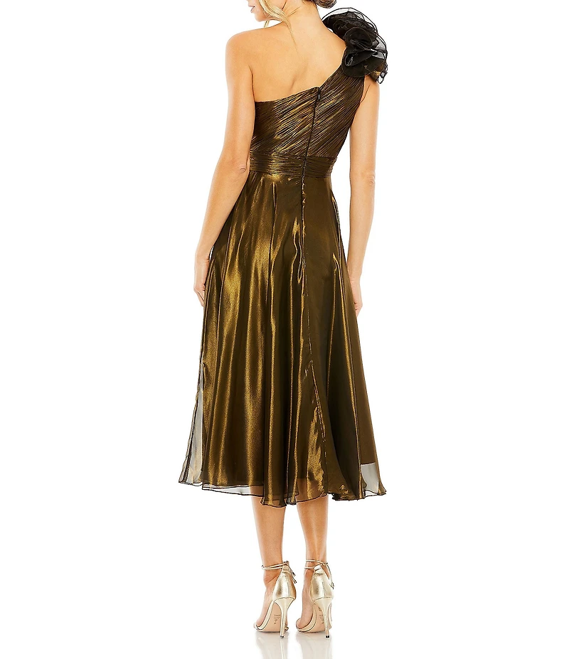 Mac Duggal Ruffle One Shoulder Shimmer Organza Midi Dress
