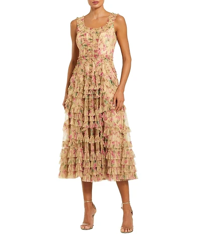 Mac Duggal Ruffle Printed Mesh Scoop Neck Midi Dress