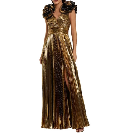 Mac Duggal Ruffle Shoulder Metallic Gown