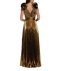 Mac Duggal Ruffle Shoulder Metallic Gown