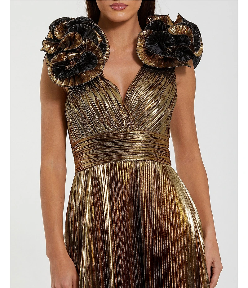 Mac Duggal Ruffle Shoulder Metallic Gown