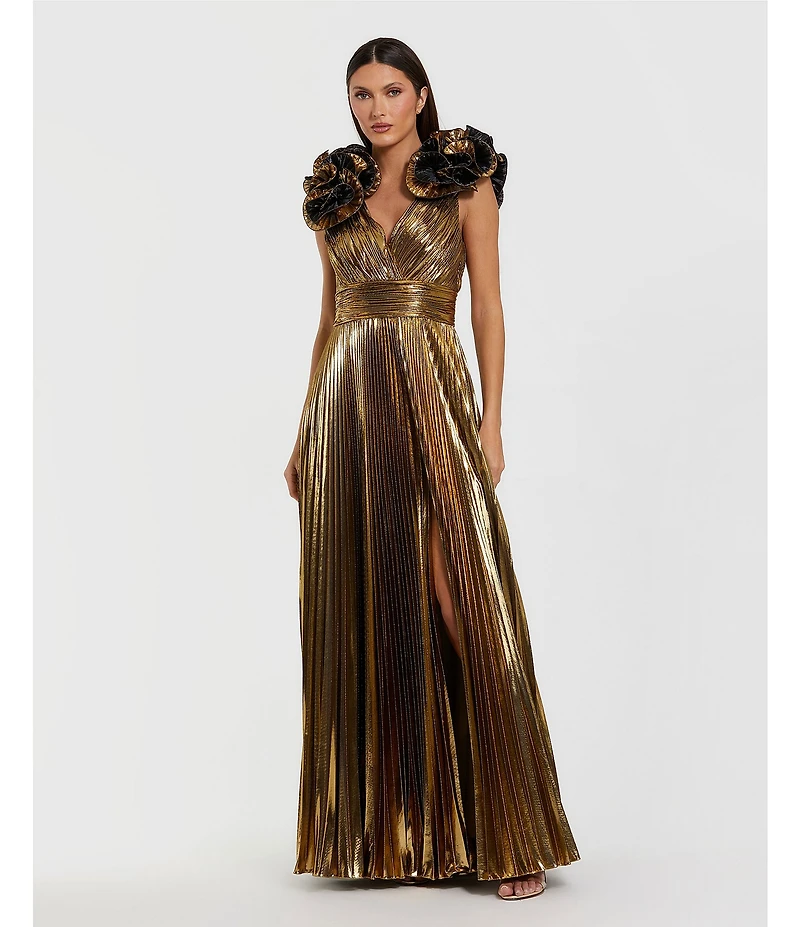 Mac Duggal Ruffle Shoulder Metallic Gown