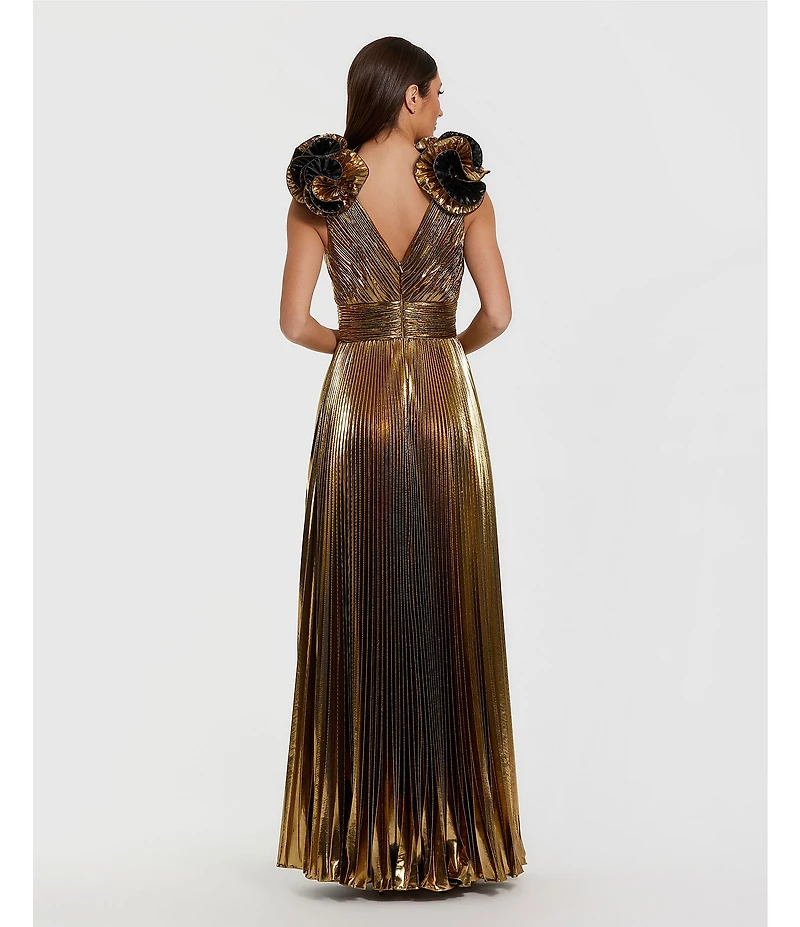 Mac Duggal Ruffle Shoulder Metallic Gown