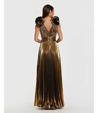 Mac Duggal Ruffle Shoulder Metallic Gown