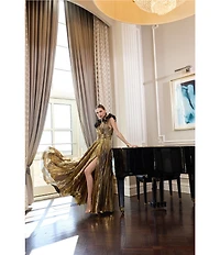 Mac Duggal Ruffle Shoulder Metallic Gown