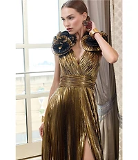 Mac Duggal Ruffle Shoulder Metallic Gown