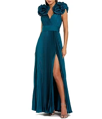 Mac Duggal Ruffle Shoulder Pleated Gown With Ruffle Detail