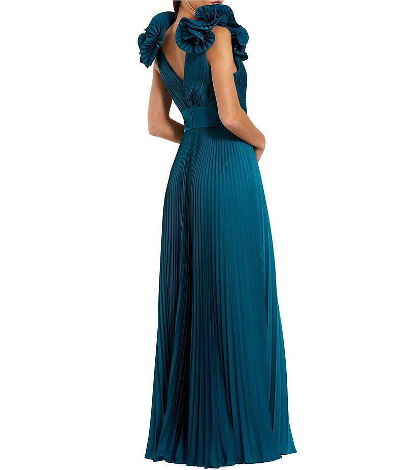 Mac Duggal Ruffle Shoulder Pleated Gown With Ruffle Detail