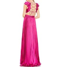 Mac Duggal Ruffled Cap Sleeve Cut Out Pleated Deep V-Neck Strappy Back Detail Satin A-Line Gown