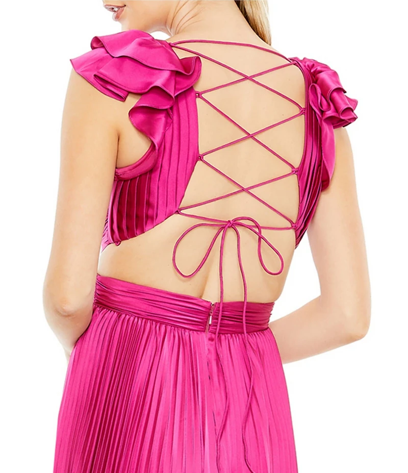 Mac Duggal Ruffled Cap Sleeve Cut Out Pleated Deep V-Neck Strappy Back Detail Satin A-Line Gown
