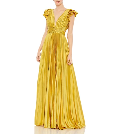 Mac Duggal Ruffled Cap Sleeve Cut Out Pleated Deep V-Neck Strappy Back Detail Satin A-Line Gown