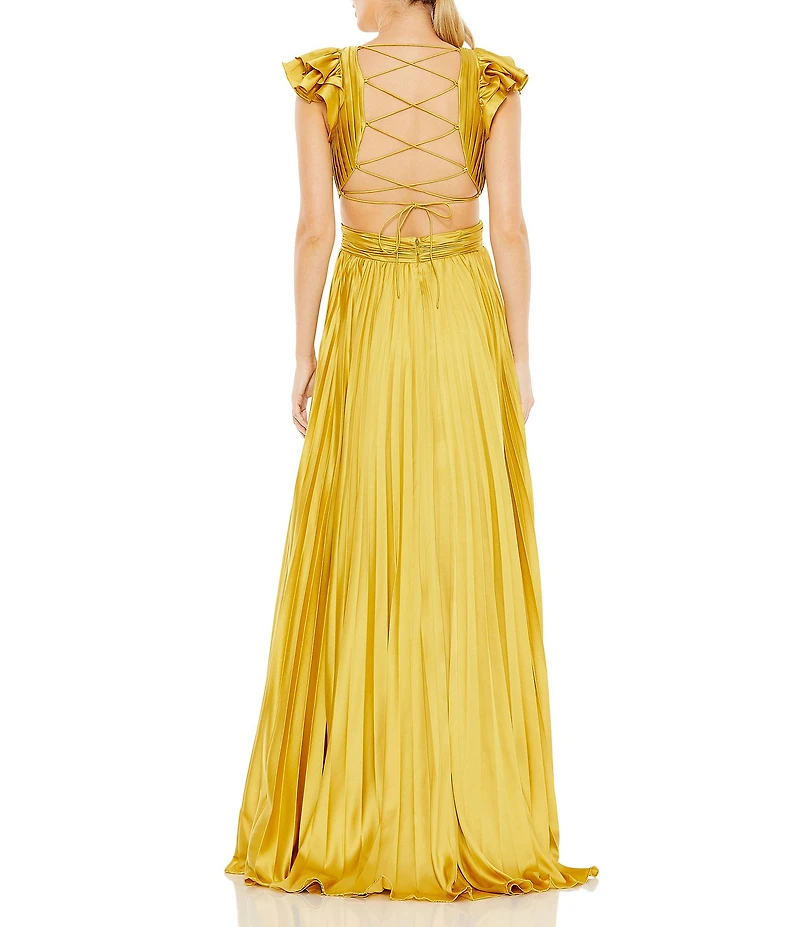 Mac Duggal Ruffled Cap Sleeve Cut Out Pleated Deep V-Neck Strappy Back Detail Satin A-Line Gown