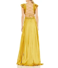 Mac Duggal Ruffled Cap Sleeve Cut Out Pleated Deep V-Neck Strappy Back Detail Satin A-Line Gown