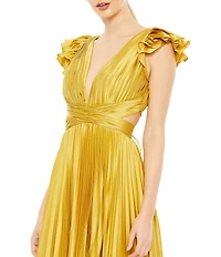 Mac Duggal Ruffled Cap Sleeve Cut Out Pleated Deep V-Neck Strappy Back Detail Satin A-Line Gown