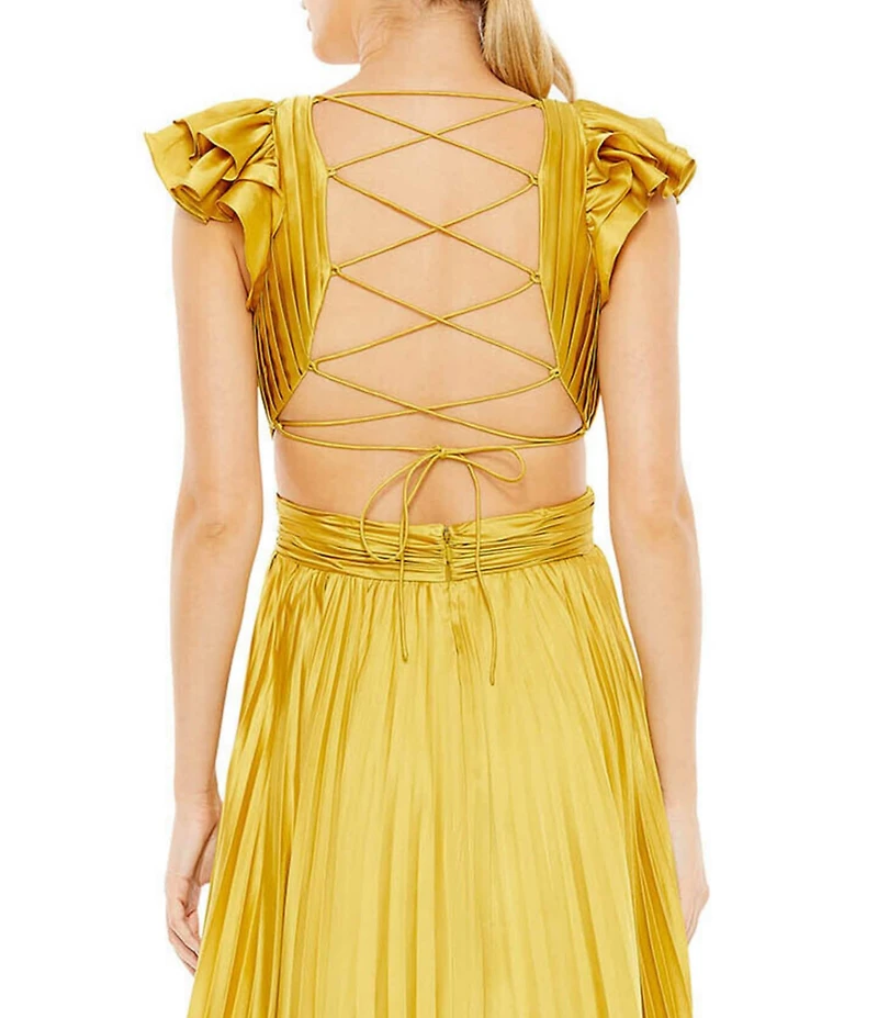 Mac Duggal Ruffled Cap Sleeve Cut Out Pleated Deep V-Neck Strappy Back Detail Satin A-Line Gown