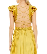 Mac Duggal Ruffled Cap Sleeve Cut Out Pleated Deep V-Neck Strappy Back Detail Satin A-Line Gown