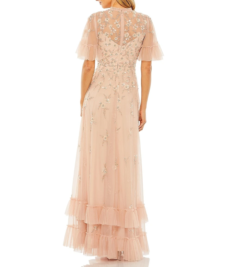 Mac Duggal Ruffled Floral Beaded Illusion Mock Neck Short Flutter Sleeve Gown