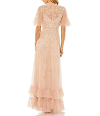 Mac Duggal Ruffled Floral Beaded Illusion Mock Neck Short Flutter Sleeve Gown