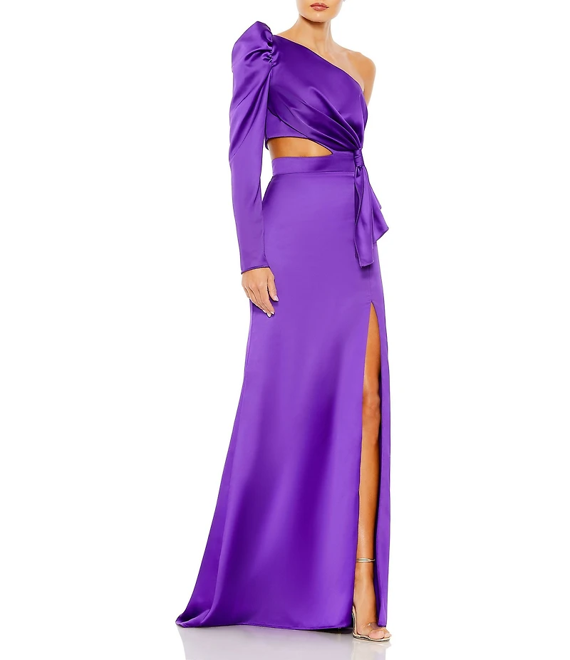 Mac Duggal Satin Asymmetrical One Shoulder Long Puff Sleeve Cut Out Thigh High Slit Gown