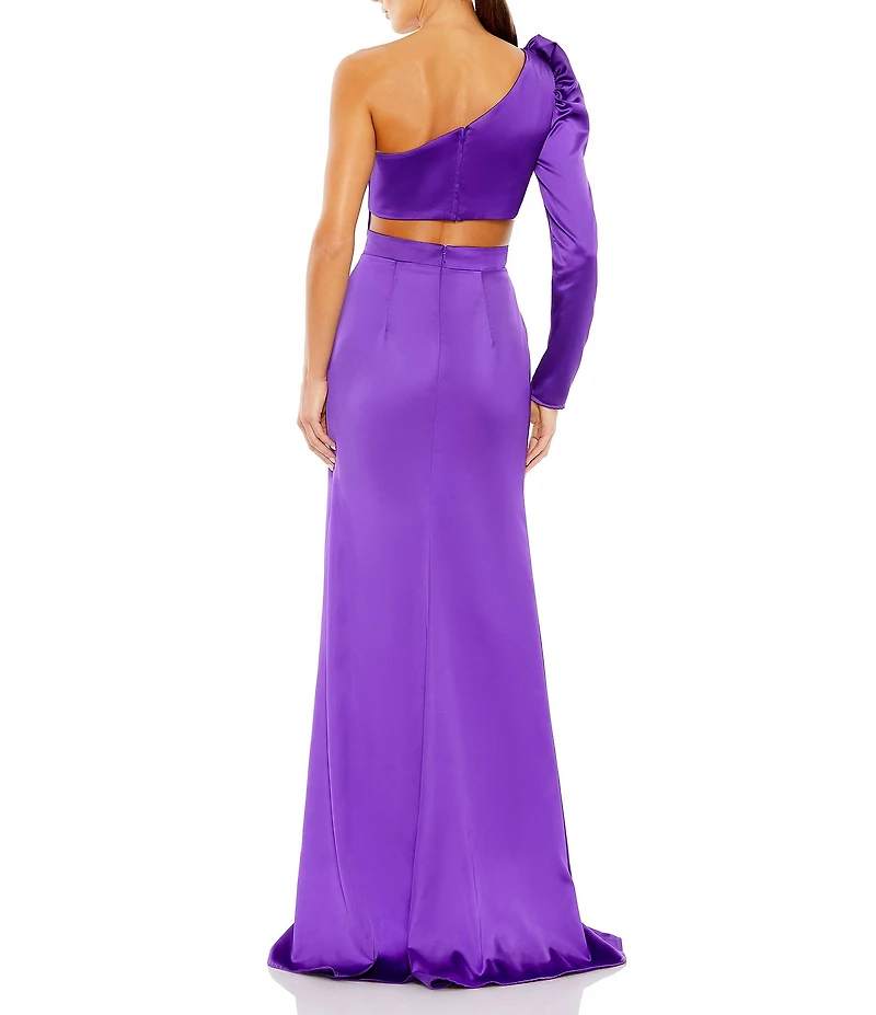 Mac Duggal Satin Asymmetrical One Shoulder Long Puff Sleeve Cut Out Thigh High Slit Gown