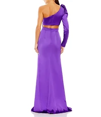 Mac Duggal Satin Asymmetrical One Shoulder Long Puff Sleeve Cut Out Thigh High Slit Gown