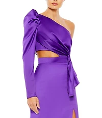 Mac Duggal Satin Asymmetrical One Shoulder Long Puff Sleeve Cut Out Thigh High Slit Gown