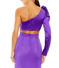 Mac Duggal Satin Asymmetrical One Shoulder Long Puff Sleeve Cut Out Thigh High Slit Gown