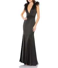 Mac Duggal Satin Charmeuse Feather Shoulder Sleeveless V-Neck Column Gown
