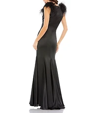 Mac Duggal Satin Charmeuse Feather Shoulder Sleeveless V-Neck Column Gown