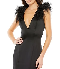 Mac Duggal Satin Charmeuse Feather Shoulder Sleeveless V-Neck Column Gown