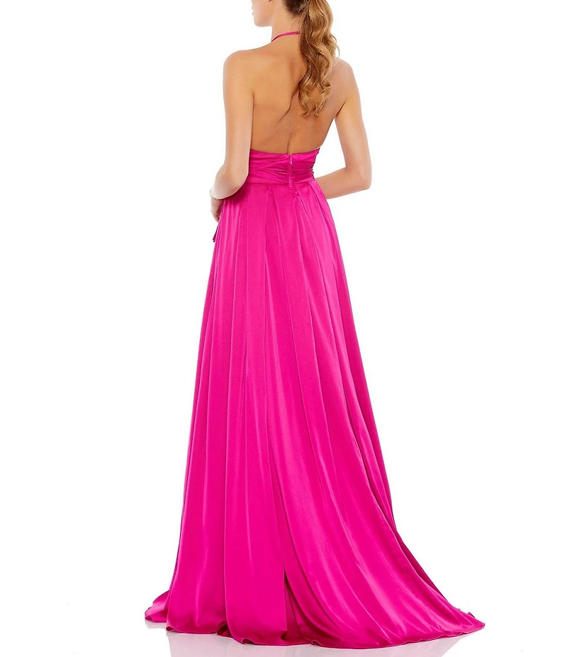 Mac Duggal Satin Charmeuse Halter Neck Open Back A-Line Gown