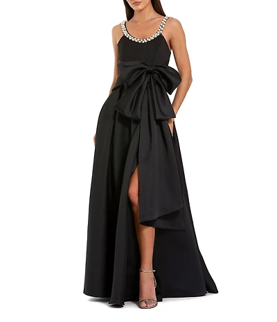 Mac Duggal Satin Gown With Pearl Neckline and Bow Detail