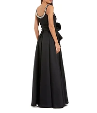 Mac Duggal Satin Gown With Pearl Neckline and Bow Detail