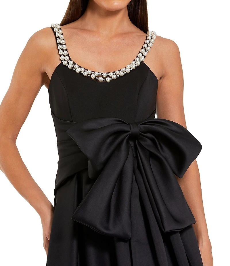 Mac Duggal Satin Gown With Pearl Neckline and Bow Detail
