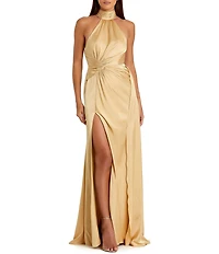 Mac Duggal Satin Halter Mock Neck Sleeveless Side Ruched Gown