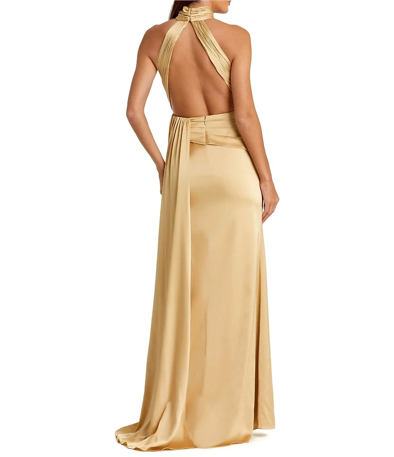 Mac Duggal Satin Halter Mock Neck Sleeveless Side Ruched Gown