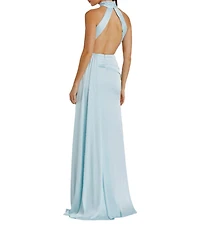 Mac Duggal Satin Halter Mock Neck Sleeveless Side Ruched Gown